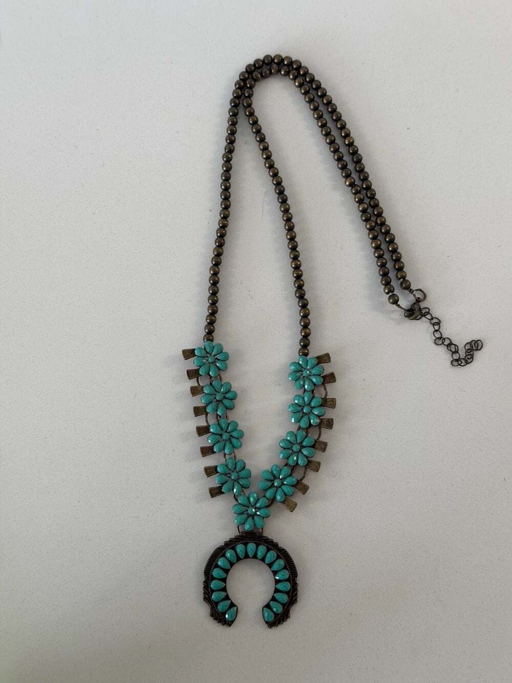 Navajo style Bronze Squash Blossom Necklace with Turquoise Accents